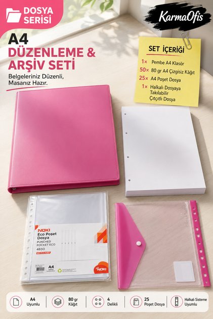A4 Düzenleme ve Arşiv Seti 4 Halkalı Pembe Klasör | 50 Yaprak 80 Gr Kağıt | 25 Poşet Dosya | A4 Çıtçıtlı Dosya