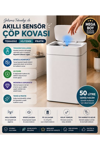 50 Litre Mega Boy Pratik Akıllı Sensör Çöp Kovası Temazsız Çöp Kovası Otomatik Kapak Temassız Fonksiyonel Çöp Kutusu