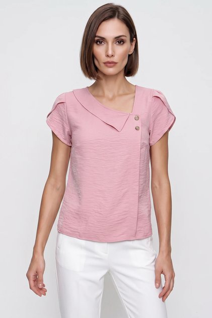 Women's Button Detailed Short Sleeve Comfortable Fit Pink Blouse