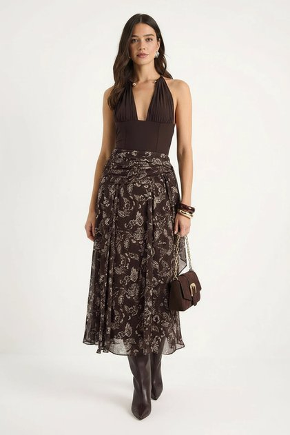 Women's Ethnic Pattern Tie-Dye Lined Chiffon Brown Skirt