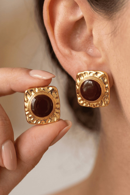Gold Color Rectangular Vintage Claret Red Earrings