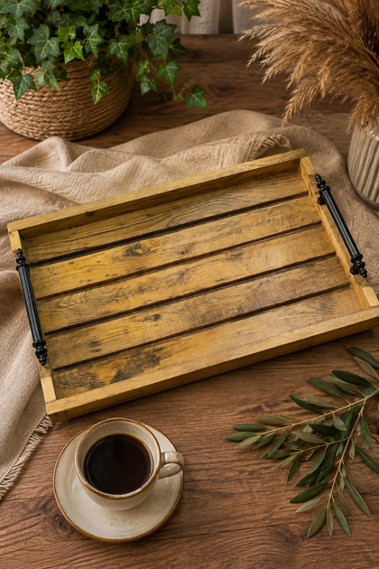 Handmade Varnished Wooden Tray 46X30,7 cm Decorative Serving and Presentation Tray
