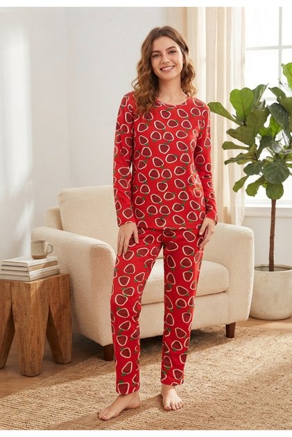 Women's Milan Long Sleeve Strawberry Patterned 100% Cotton Crew Neck Pajama Set