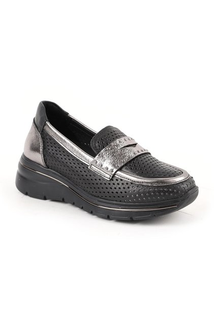 Women's Casual Shoes Genuine Leather Laser Cut Perforated Metallic Troc Wedge Sole Loafer 26Y-3205