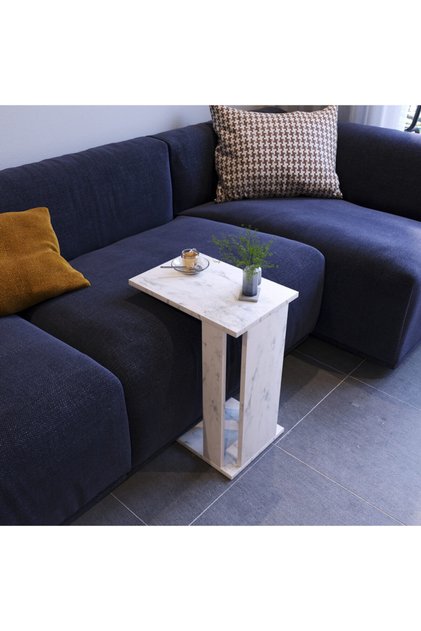 Single Çok Amaçlı Tekerlekli C Sehpa , Koltuk Sehpası - Beyaz Mermer