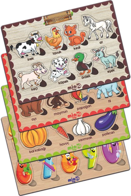 Wooden Turkish Farm Animals+forest Animals-vegetables-numbers Set of 4 Educational-tutorial Puzzle