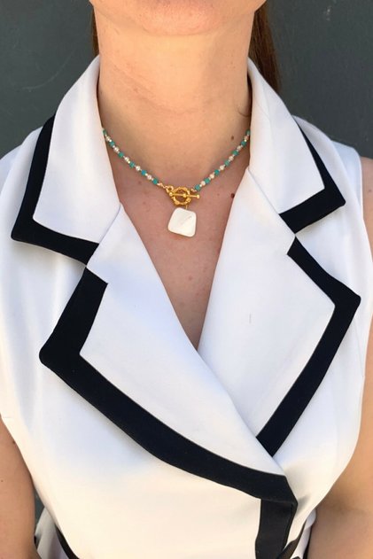 Turquoise Natural Stone Pearl Real Mother of Pearl Tipped Gold Sailor Locked Handmade Special Design Necklace