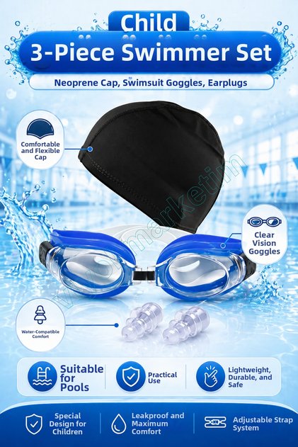 Children's 3-Piece Swimming Set – Lycra Fabric Cap, Swimming Goggles, and Earplugs |   Pool Sea