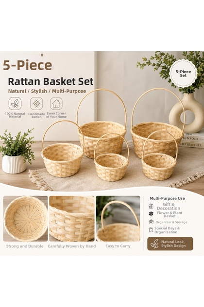 Set of 5 Wicker Baskets – Decorative Organizer & Flower Pot for Multi-Purpose Use