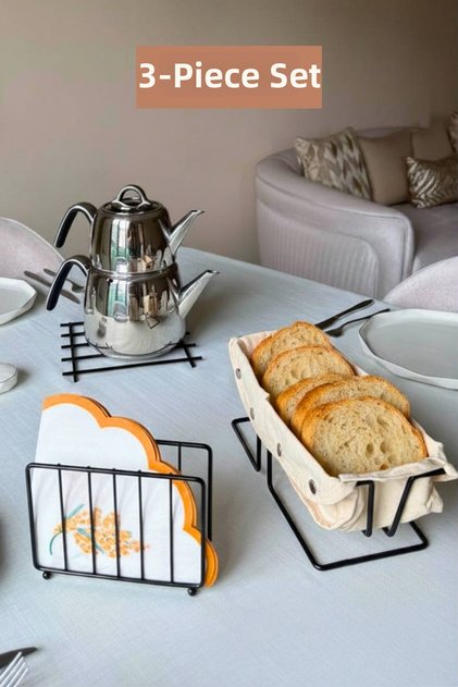 Set of 3 Black Rectangular Bread Basket Trivet Cage Napkin Holder Kitchen Set