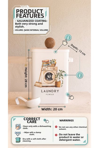 Galvaniz Laundry Detergent Box - Powder Detergent Storage Container with Measuring Spoon 20X13X28 cm