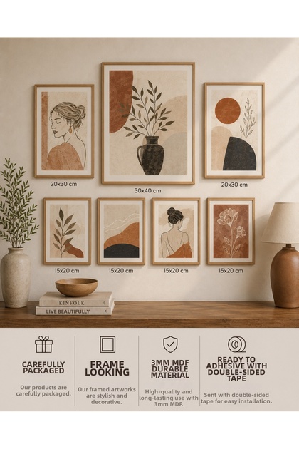 7-Piece Frame-Looking Painting Set | Bohemian Abstract Modern | Nordic Minimalist | Boho Salon, Office, Kitchen and Study Room Wall Decor