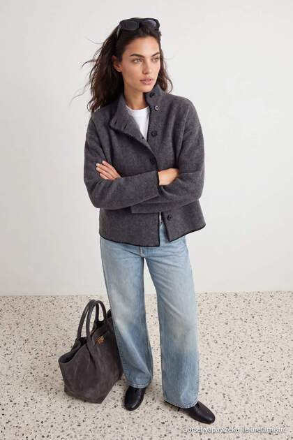 Anthracite Soft Textured Stand Collar Color Block Knitwear Cardigan Twoaw26Hi00295