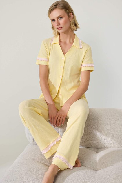 Yellow 100% Cotton Ruffled Pointel/ Corded Fabric Knit Pajama Set THMAW27PT00031