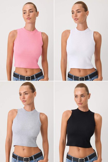 4'lü Paket Pembe-Beyaz-Gri-Siyah Fitted/Vücuda Oturan Kolsuz Örme Atlet TWOSS26AL00152