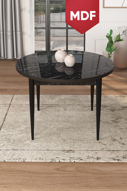 Tor Serisi MDF 90 X 90 Sabit Yuvarlak Siyah Mermer Desen Yemek Masası