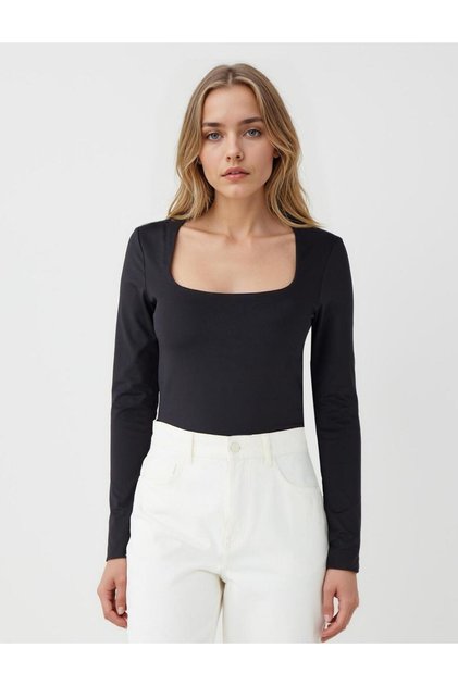Black Square Neck Slim Fit Long Sleeve Knitted Blouse