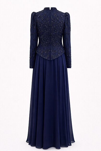 Olcay Exclusive Islamic Evening Dress with Sequin and Bead Patterned Chiffon Combination Dark Blue 1066- Trendyol Olcay Exclusive Islamic Evening Dress with Sequin and Bead Patterned Chiffon Combination Dark Blue 1066- Trendyol