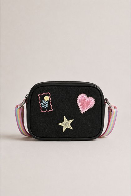 Denim Embroidered Girls' Shoulder Bag, Black Denim Embroidered Girls' Bag, Black Denim Kids' Bag