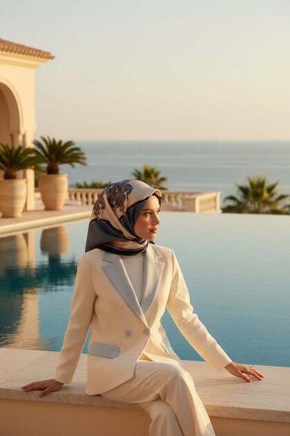 %100 Twill Barok Desenli İndigo - Lacivert Renkli 90x90 Eşarp Dikim Şekli: El Dikişi