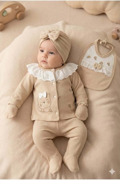 Baby Girl Fancy Lace Set with Bear, 5-Piece Set, Newborn Hospital Release Zibin Set