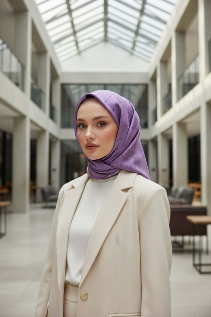 %100 Twill İpek Minik V Desenli Mor Renkli 90x90 Eşarp Dikim Şekli : El Dikişi
