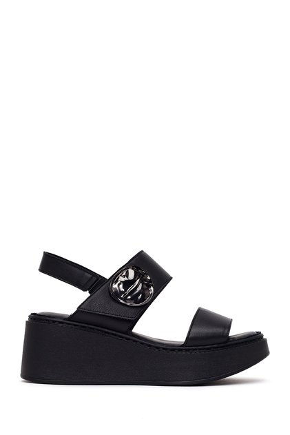 Women's Black Strappy Wedge Heeled Leather Comfort Sandals 26Sfd342218