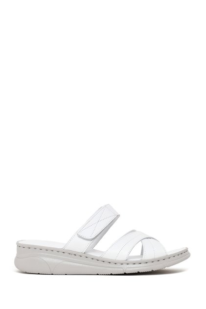 Women's White Wedge Heeled Leather Slippers 26Sfd321118