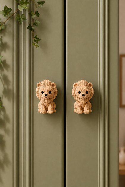 4'LÜ SET ASLAN Çocuk Odası Örgü Desenli Dekoratif Çekmece Kulpu ASLAN Hayvan Figürlü Dolap Kulbu Modern