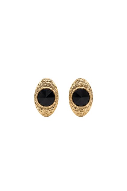 Gold Antik Dokulu Siyah Taşlı Oval Küpe