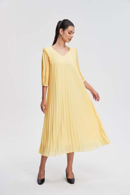 Women's Midi Dress with 3/4 Pleated Sleeves