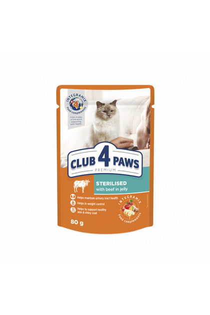 Club 4 Paws Hrană umedă premium pentru pisici sterilizate - cu vită, set 24x80g