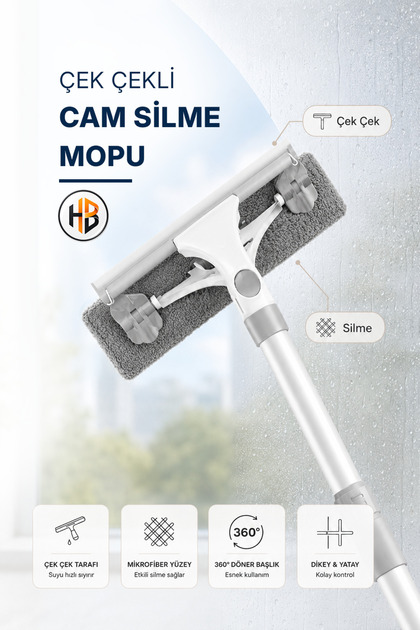 180°Dönebilen Çek Çekli 1.50 Metre Uzayabilen Cam Silme Mopu (Ekstra Yedek Bezli)
