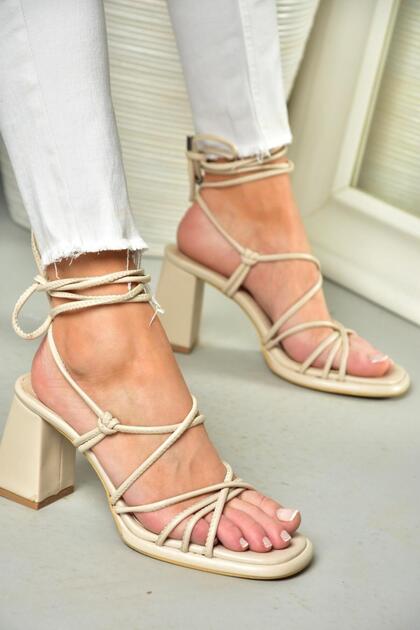 S282470509 Beige Thick Heeled Laced Women's Shoes