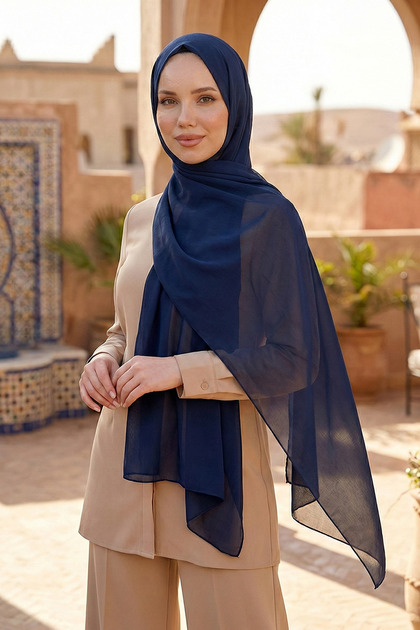 Trend Crinkle Chiffon Shawl - Atskrn-06 - Navy Blue
