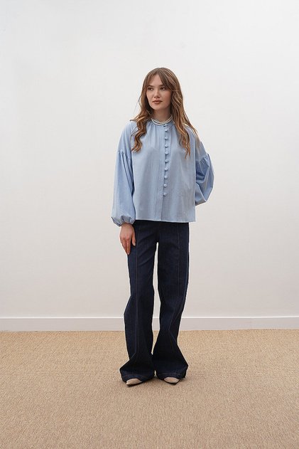 Hakim Collared Gathered Shirt Baby Blue