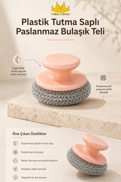 Plastik Tutma Saplı Paslanmaz Bulaşık Ovma Teli Lüks Bulaşık Teli