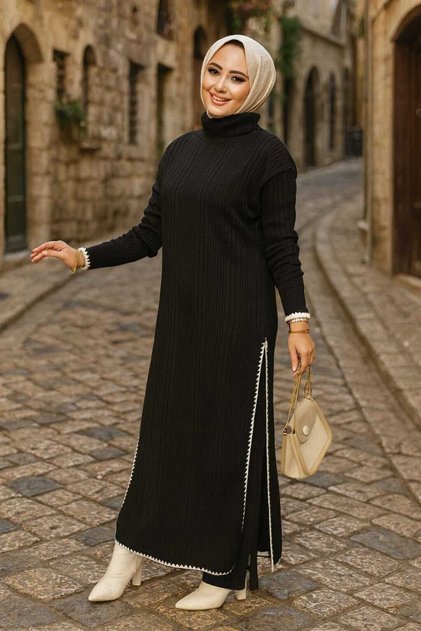 Ribbed Black Modest Wear Knit Two-Piece Set 35971S