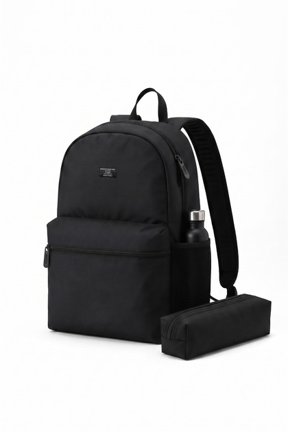 Unisex Waterproof Black Daily Travel and School Backpack with Pen Holder and Pocket