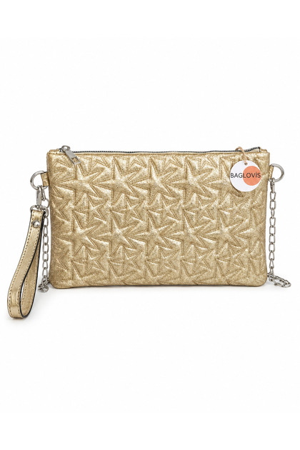 Star Embroidered Quilted Portfolio Bag with Chain Strap Evening Dress Clutch En30 Size19