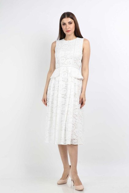 Lace-Trimmed Midi Dress with Waist Detail for Women