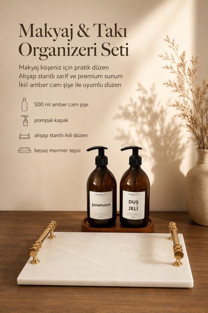 Makeup & Jewelry Organizer Set with Wooden Stand Shower Gel Bottle Set White Marble Tray