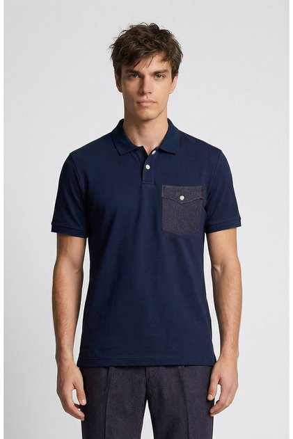 N-Tech Lacivert Polo Yaka Denim Detaylı T-Shirt