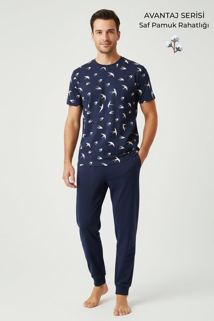 Pamuklu Kısa Kollu Pijama Takım Lacivert