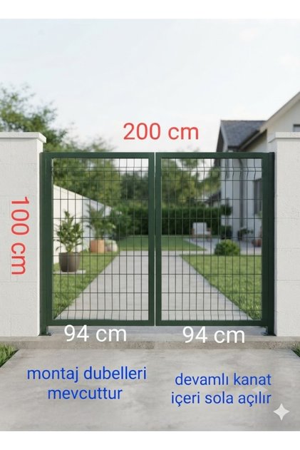 BAHÇE KAPISI PANEL ÇİT KAPI ÜSTEN MANDALLI ENİ 200 CM YÜKSEKLİK 100 CM İKİ KANATLI YEŞİL RENK TEL GÖZ ARALIĞI 5X15 CM PEVRAZLI