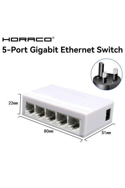 UK Adapter HORACO 5 Port Gigabit Network Switch Unmanaged 1000M Mini Switch Desktop Plug and Play Et