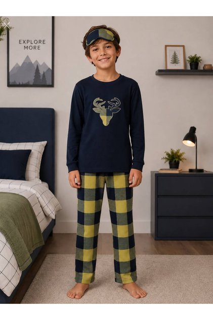 Set de pijamale de iarnă din bumbac pentru băieți, cu model de căprioară, albastru bleumarin