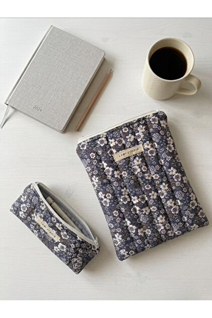 Mavi Tiny Flowers Kitap Kılıfı, Organizer, Ajanda, Defter Kılıfı- Kalemlik