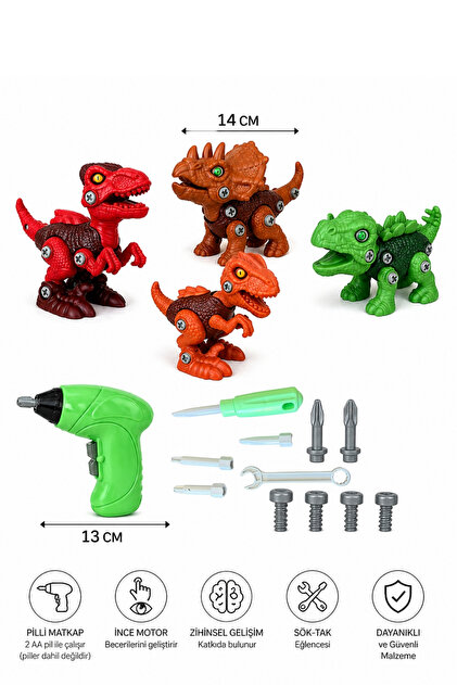 Toyaş Sök Tak 4'lü 14cm Dinozor Oyuncak Seti Vidalı Montajlı