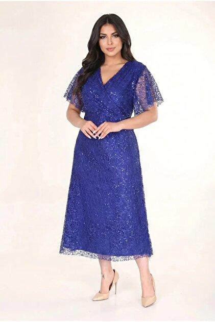 hazelin Women's Saks Blue Plus Size Double Breasted Collar Sequined Evening  Dress Hzl26S-Pr11171- Trendyol